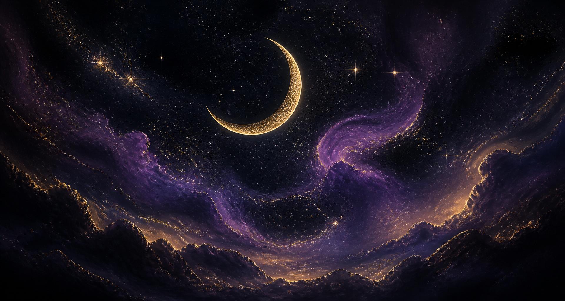 Crescent moon over a starlit purple nebula
